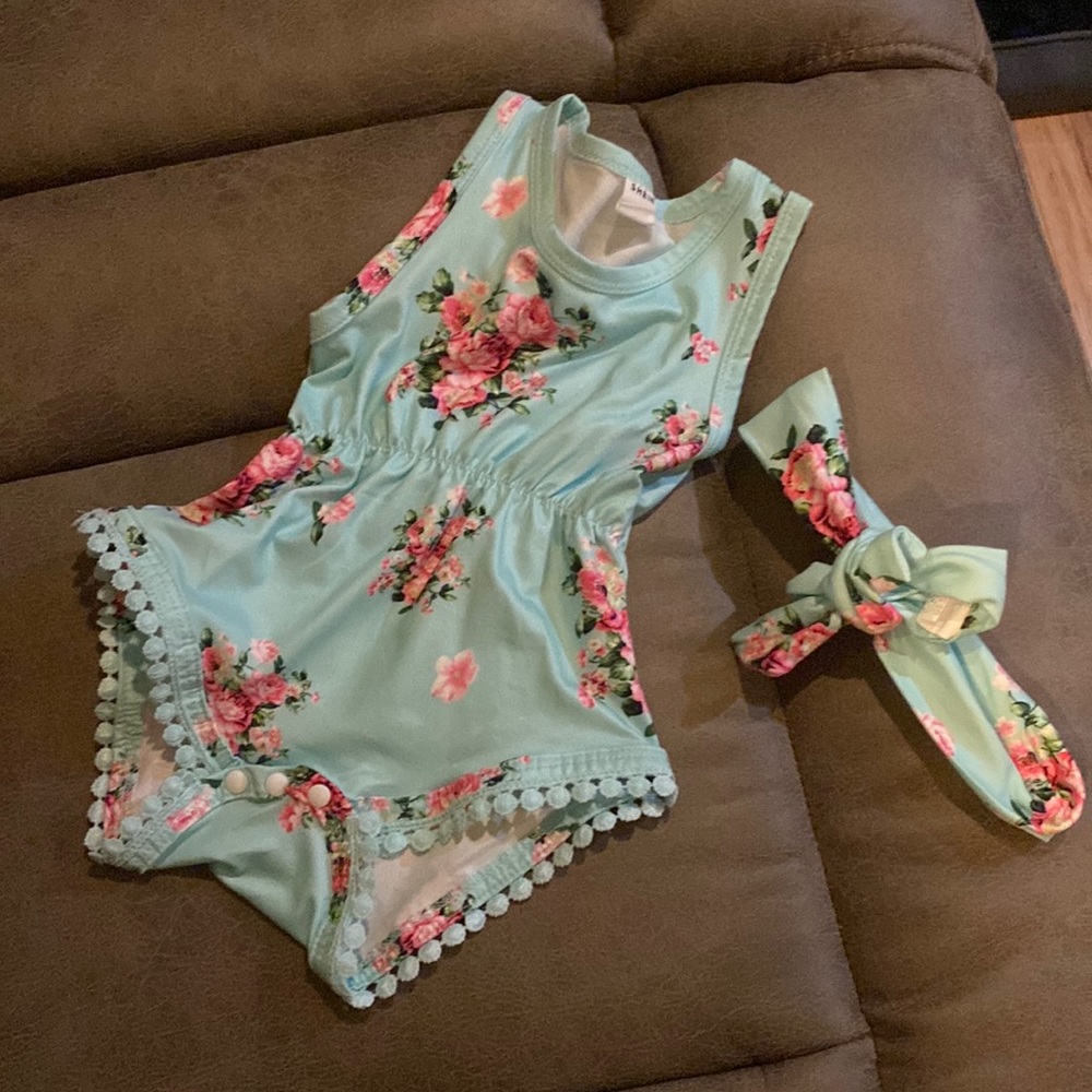 Blue floral romper with head band
